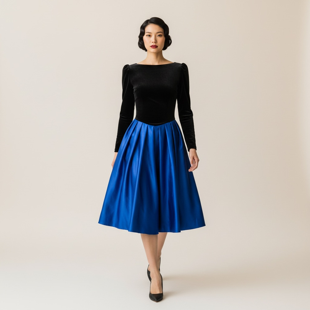 Vintage Laura Ashley Black Velvet Cobalt Blue Satin Drop Waist Dress UK 12